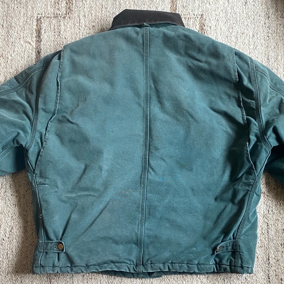🍒V I N T A G E Carhartt Teal Duck Work Jacket with Dark Corduroy Collar R A R E - Picture 4 of 10